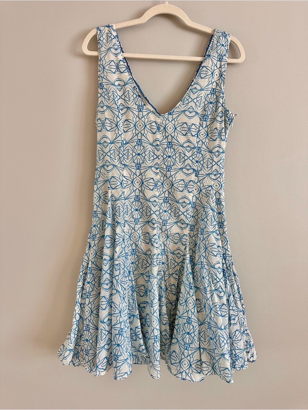 Anthropologie HD in Paris Blue White Print Dress Fit Flare 100% Cotton Size 6